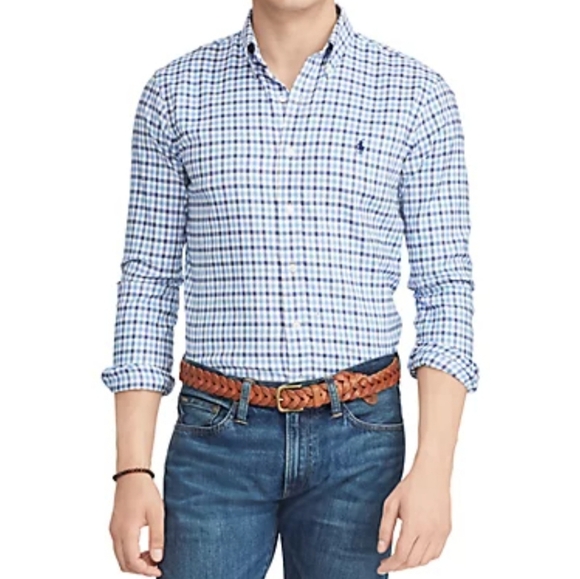 NWOT Men's Ralph Lauren Blue Checkered Plaid Button Down Oxford Size Medium - Picture 1 of 8